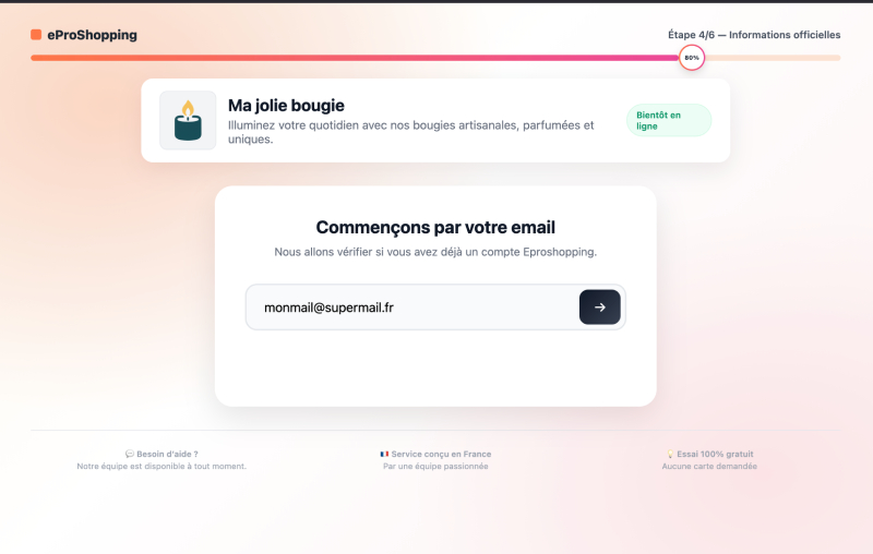 Étape 04 — Renseignez votre email : capture d'écran de l'assistant de création eProShopping
